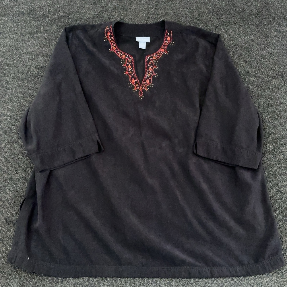 Liz & Me Blouse Womens Plus 5X Black Embroidered V Neck 3/4 Sleeve Tunic Top